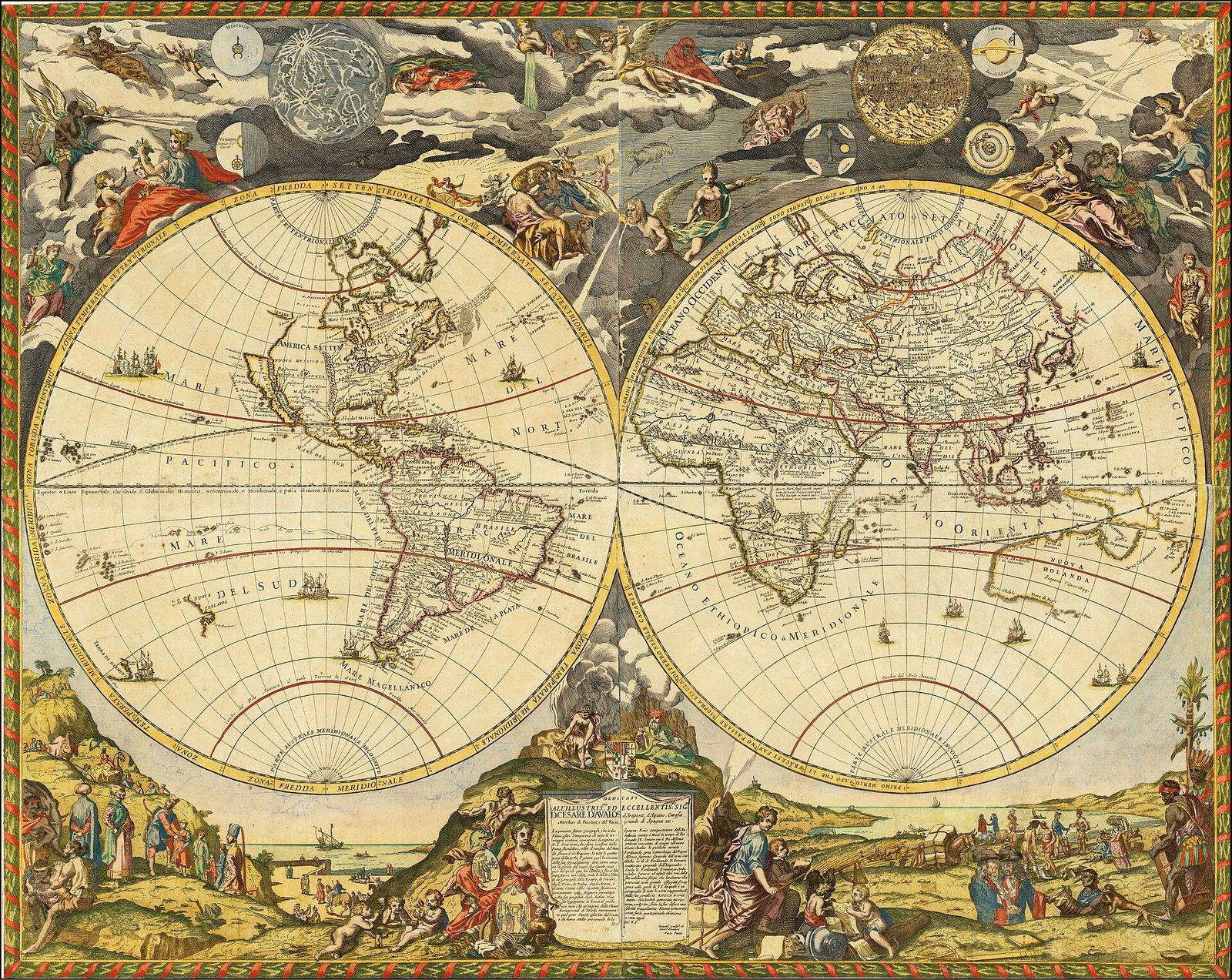 Engraved twin-hemisphere world map from 1700