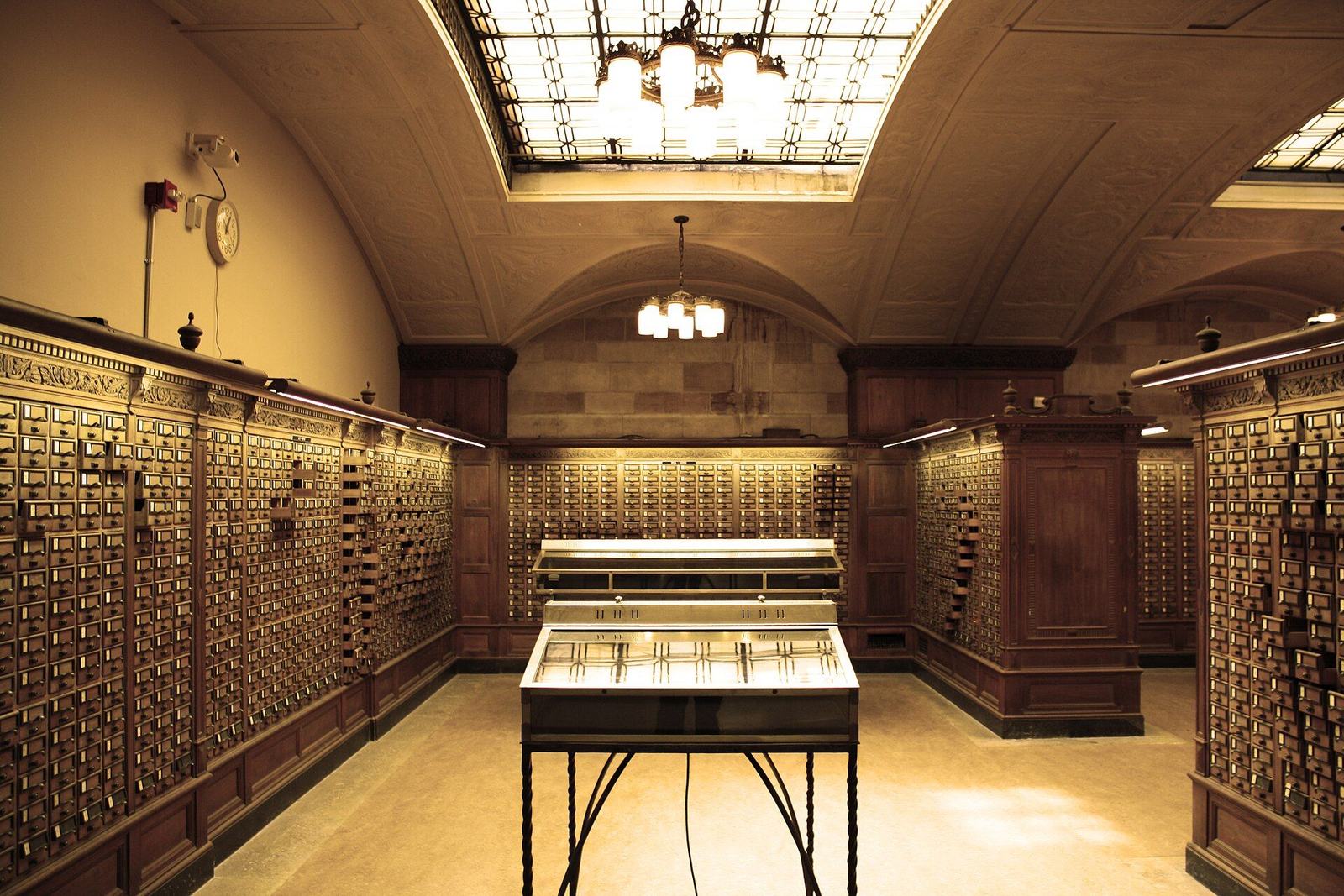 Hall of wooden card catalogue drawers in a university library