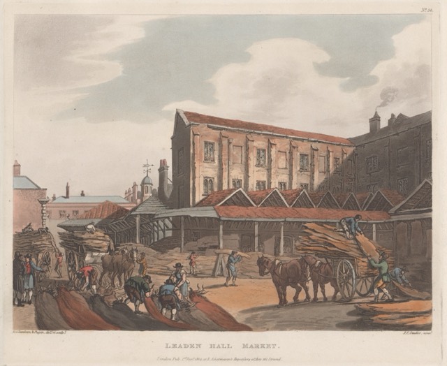 An 1809 print of Leadenhall Market in London, with traders, carts and horses in the yard