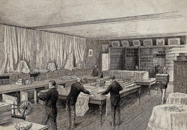 A pen and ink drawing of a draper's shop, with assistants carrying and measuring cloth at long counters