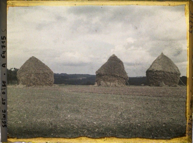 Three large haystacks standing in a flat field under a cloudy sky in 1930